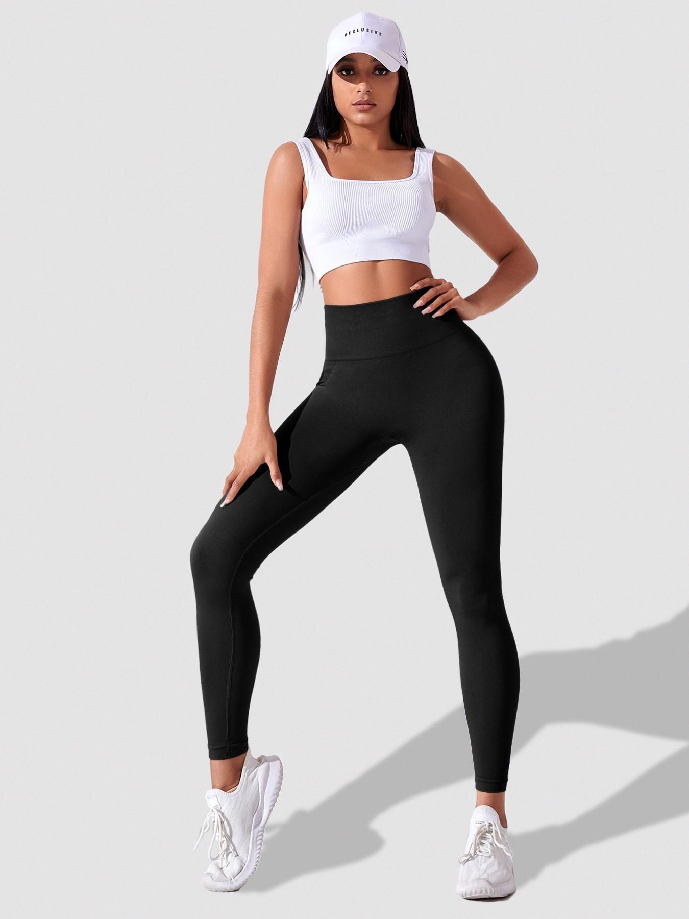 Women's Seamless Knitted Yoga Pants, High Waist Tummy Control Workout Pants, Elastic Smiling Peach Butt Fitness Pants, Body Sculpt Leggings, Gym Sportswear Bottoms, High Waists Leggings, 200g