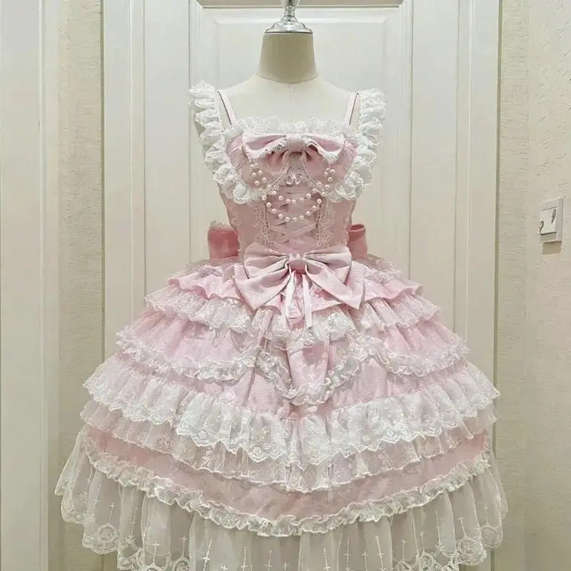 Gradient Pink Lace Lolita Dress Women Short Puff Sleeve Big Bow Tiered Skirt Japanese Sweet Princess Y2k Party Mini Dress