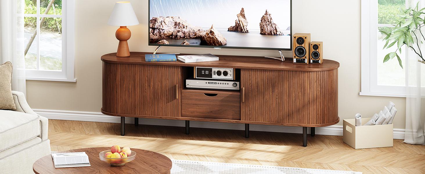 【SPOTLIGHT DAY】ONBRILL 69" TV Stand with Power Outlet for TVs up to 80", Entertainment Center with Storage and Drawer, TV Console with Adjustable Shelves and Sliding Door, TV Stand for Living Room, Bedroom