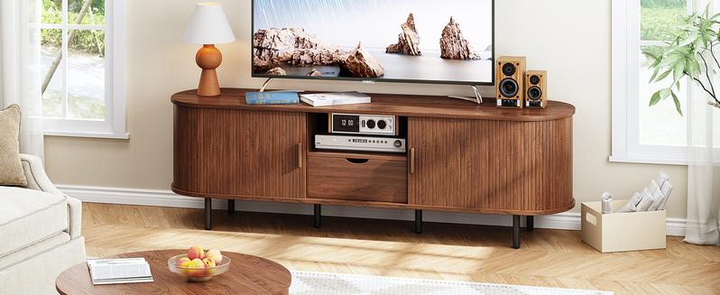 【Valentine's Day gift】ONBRILL 69" TV Stand with Power Outlet for TVs up to 80", Entertainment Center with Storage and Drawer, TV Console with Adjustable Shelves and Sliding Door, TV Stand for Living Room, Bedroom
