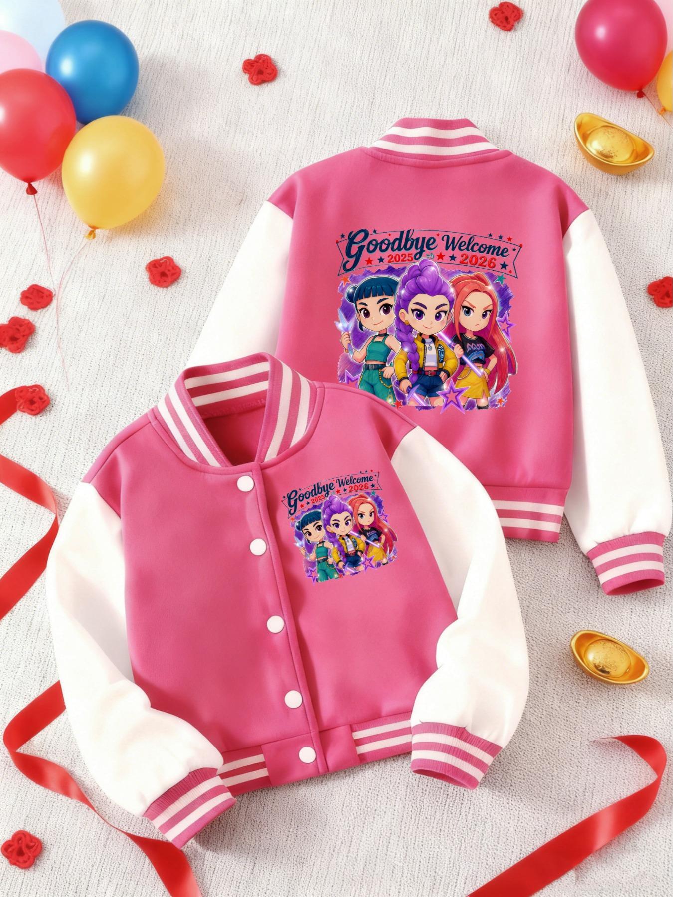 KPOP – The Huntress Girl Group  Girls' Short Baseball Coat, Cartoon Pattern Design, Elastic Fabric, Casual Sports School Uniform, Fall & Winter Outerwear, Casual Cute Outerwear