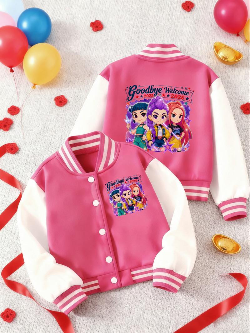 KPOP – The Huntress Girl Group  Girls' Short Baseball Coat, Cartoon Pattern Design, Elastic Fabric, Casual Sports School Uniform, Fall & Winter Outerwear, Casual Cute Outerwear