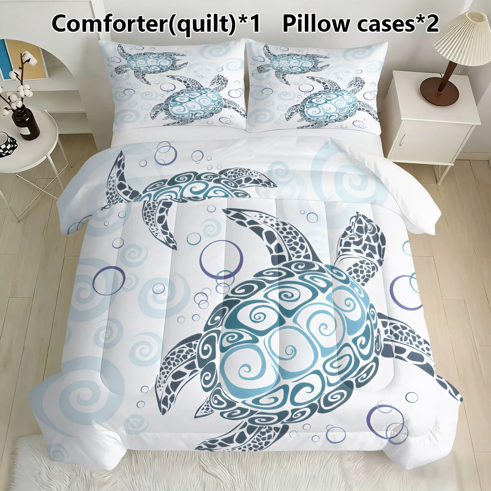 3 PCS Beach Turtle Embroidered Quilt Set (1 quilt + 2 pillowcases, without pillow core), quilt filling 200gsm, using U-shaped quilting technique, suitable for bedroom, dormitory or home decoration, multiple size options Decorative Bedding Set