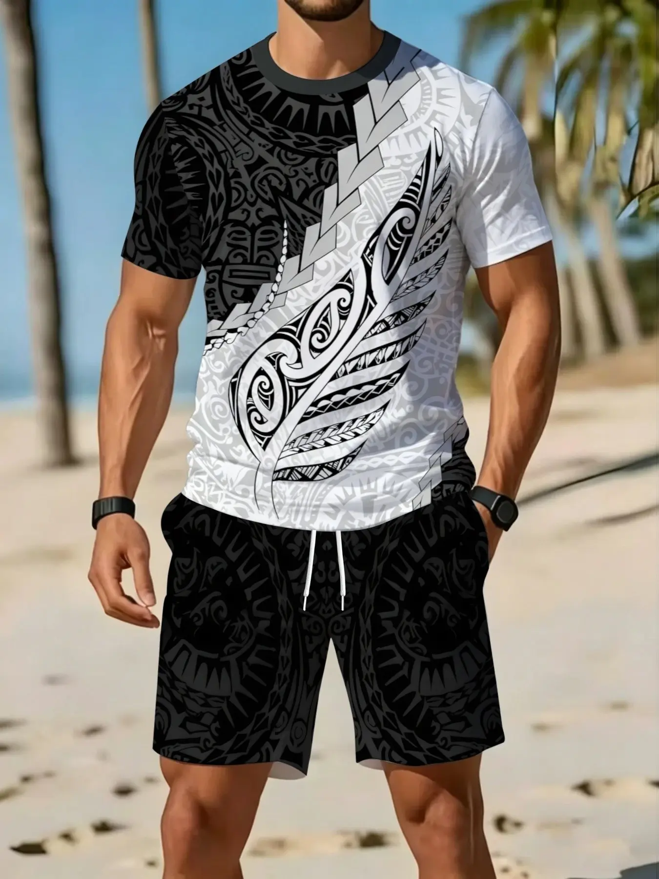 Men's Tribal Totem Fern Leaf 3D Digital Print Set, Menswear, Polynesian Style Drawstring Polyester, Casual Loose-Fit Short Sleeve T-Shirt and Shorts