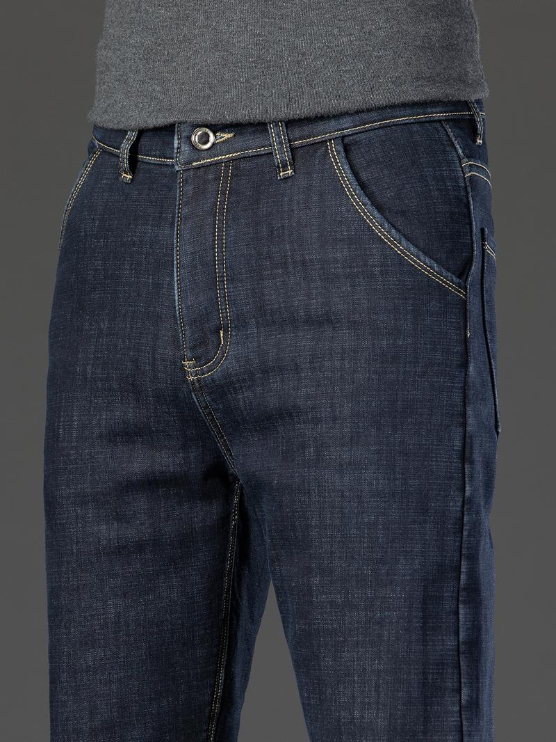 Men's Fleece Lined Denim Jeans, Loose Straight Leg Long Pants, Warm Fashionable Winter Washed Jeans, Casual All-Season Wear