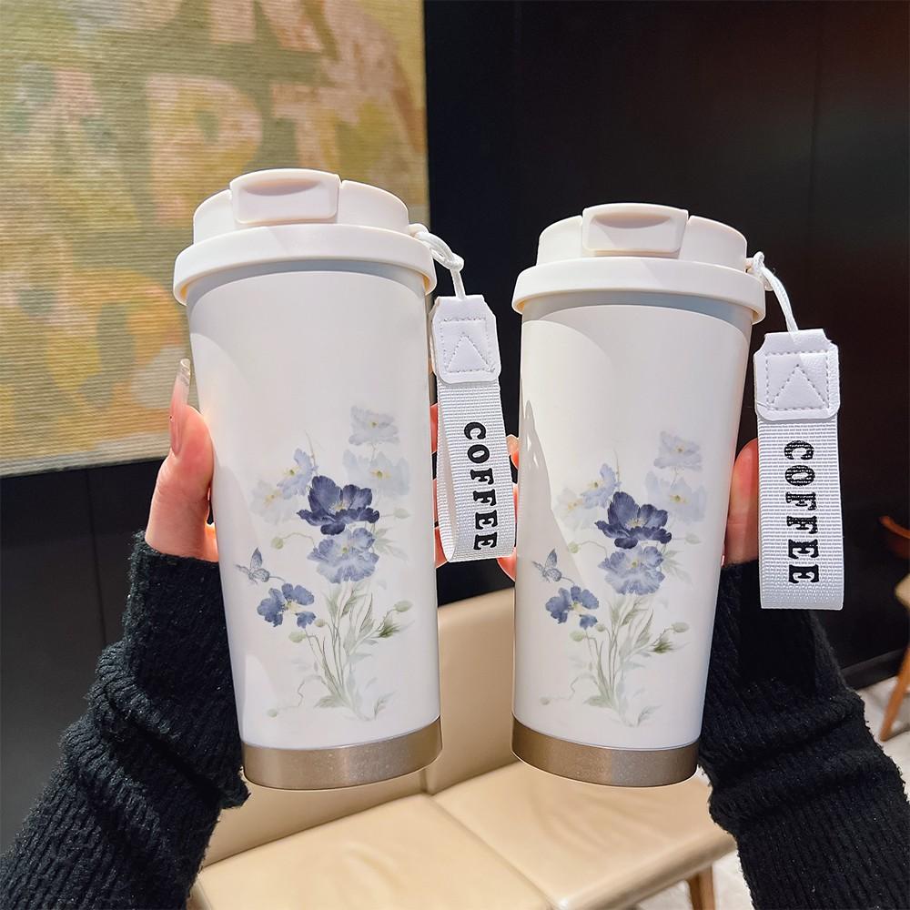 Abstract Floral Coffee Cup, Portable Insulated Tumbler, Keeps Drinks Hot/cold, Boho Style, Ideal for Office, Travel, Sports, Golf