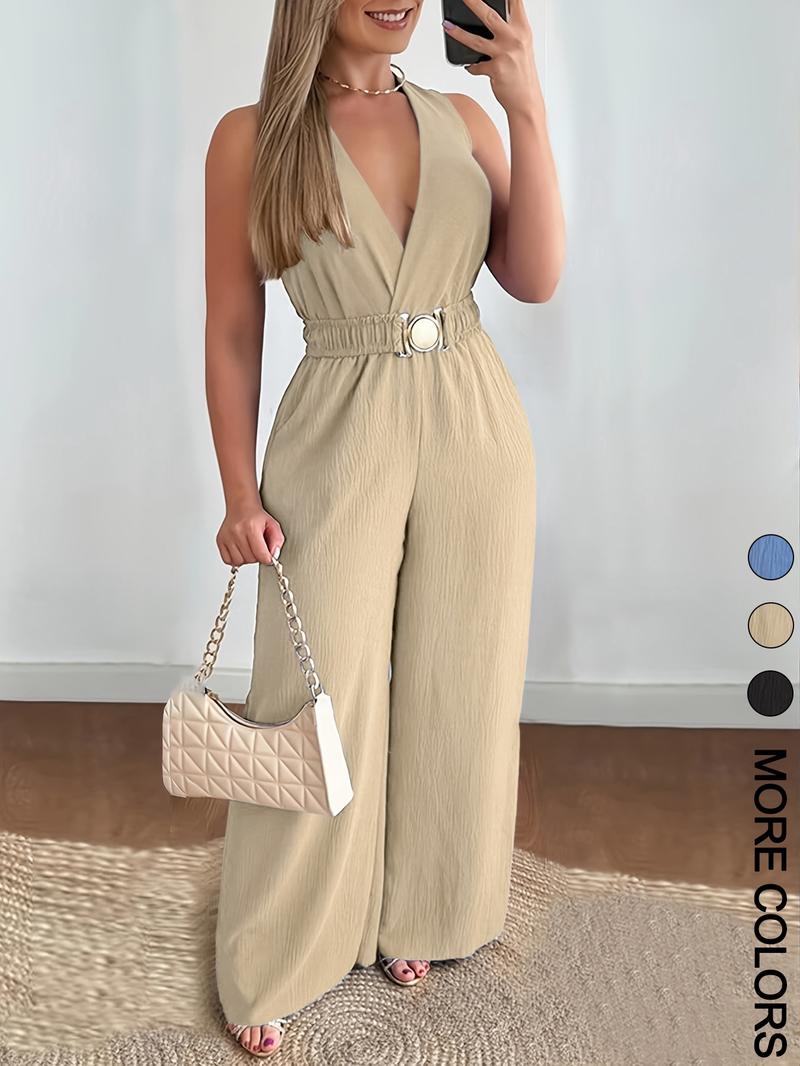 Women's Solid Belted Jumpsuit, Casual Sleeveless V Neck Jumpsuit for Summer, Women's Clothes for Daily Wear, Ruched Belted Jumpsuit
