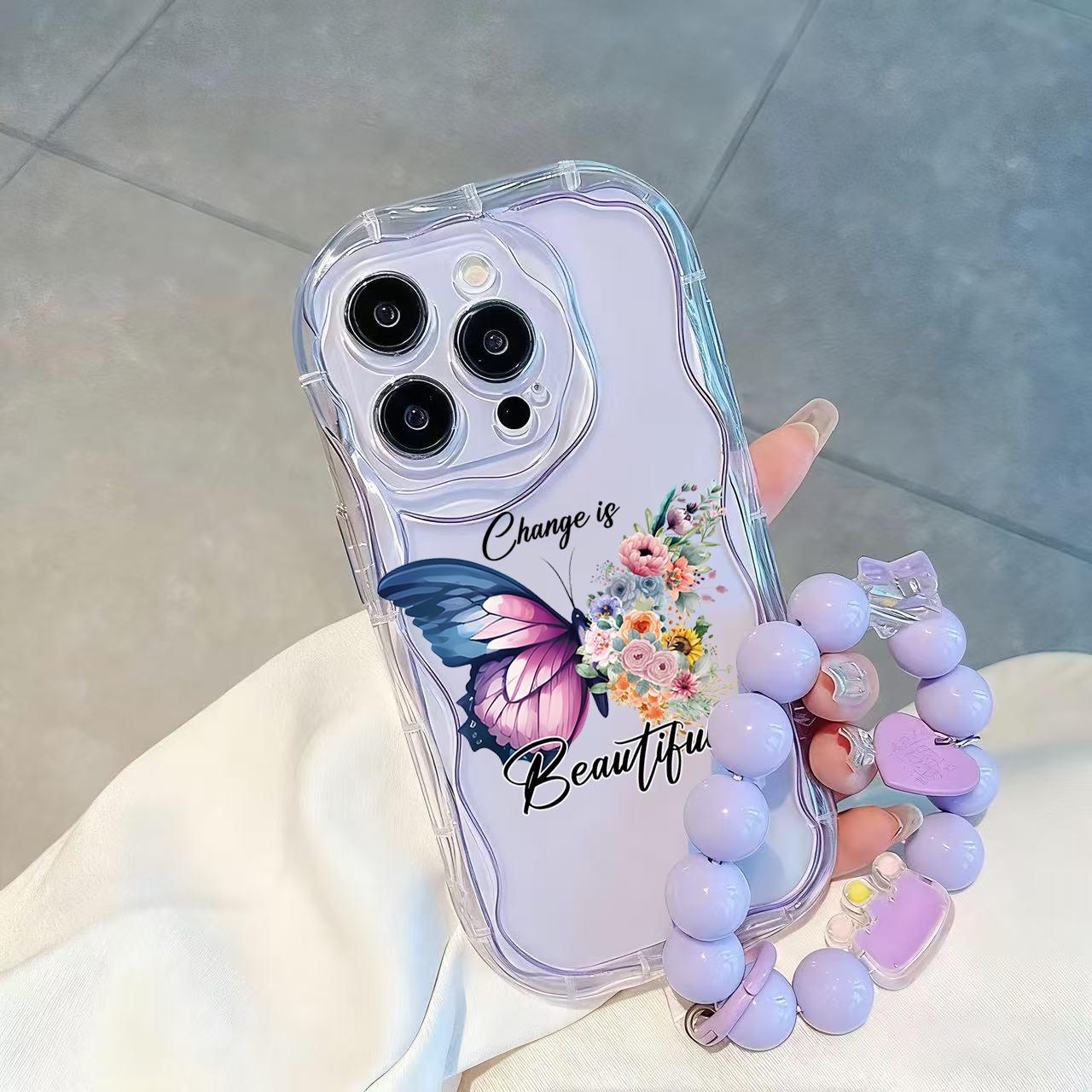 Wave Pattern Purple Butterfly+Purple Hanging Chain Phone Case For VIVO Y21D Y19S  V40 Pro V50 V40 V60 Lite V30Y04 Y04S Y18 Y18E Y29 Y03 Y03T Y28 Y17S Y20 Y20i Y20S Back Cover