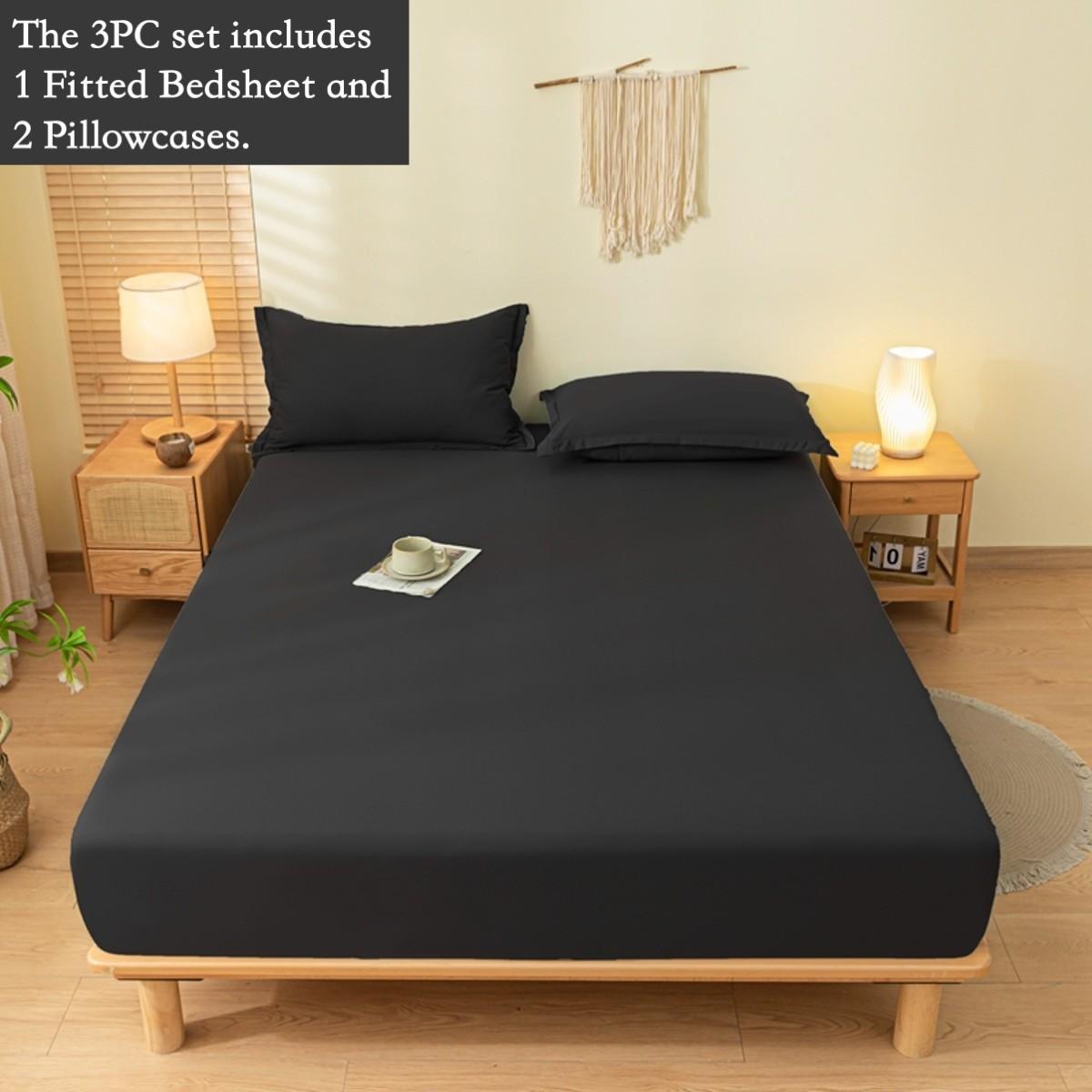 3pcs Solid Elastic Fitted Sheet, Non-Slip Mattress Protector, Full Coverage Deep Pocket Fits Thick Mattress, Soft Breathable Skin-Friendly Fabric, Wrinkle-Free Hotel Bedding