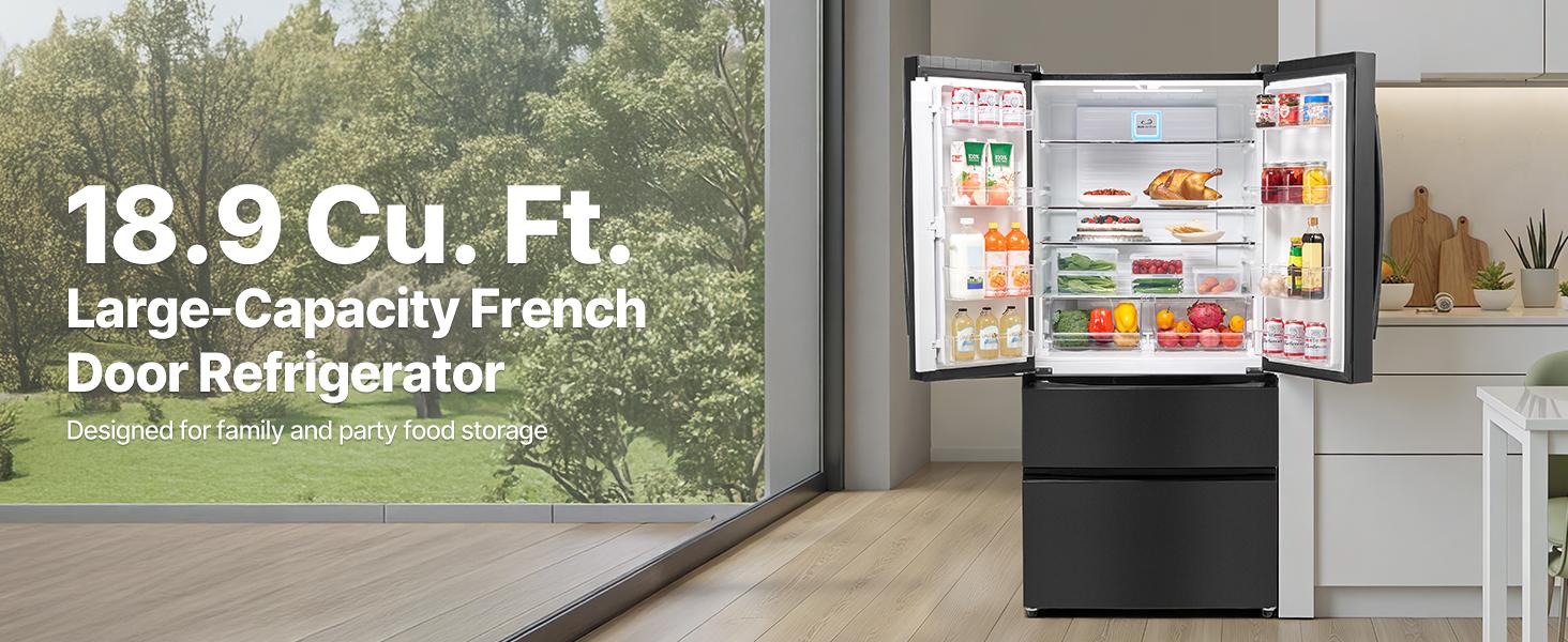 VEVOR French Door Refrigerator, 18.9 Cu. Ft. Kitchen Fridge, Counter Depth French Refrigerator with LED Display and 4 Casters, Frost-Free Bottom Freezer Refrigerators for Home Commercial Use, Black