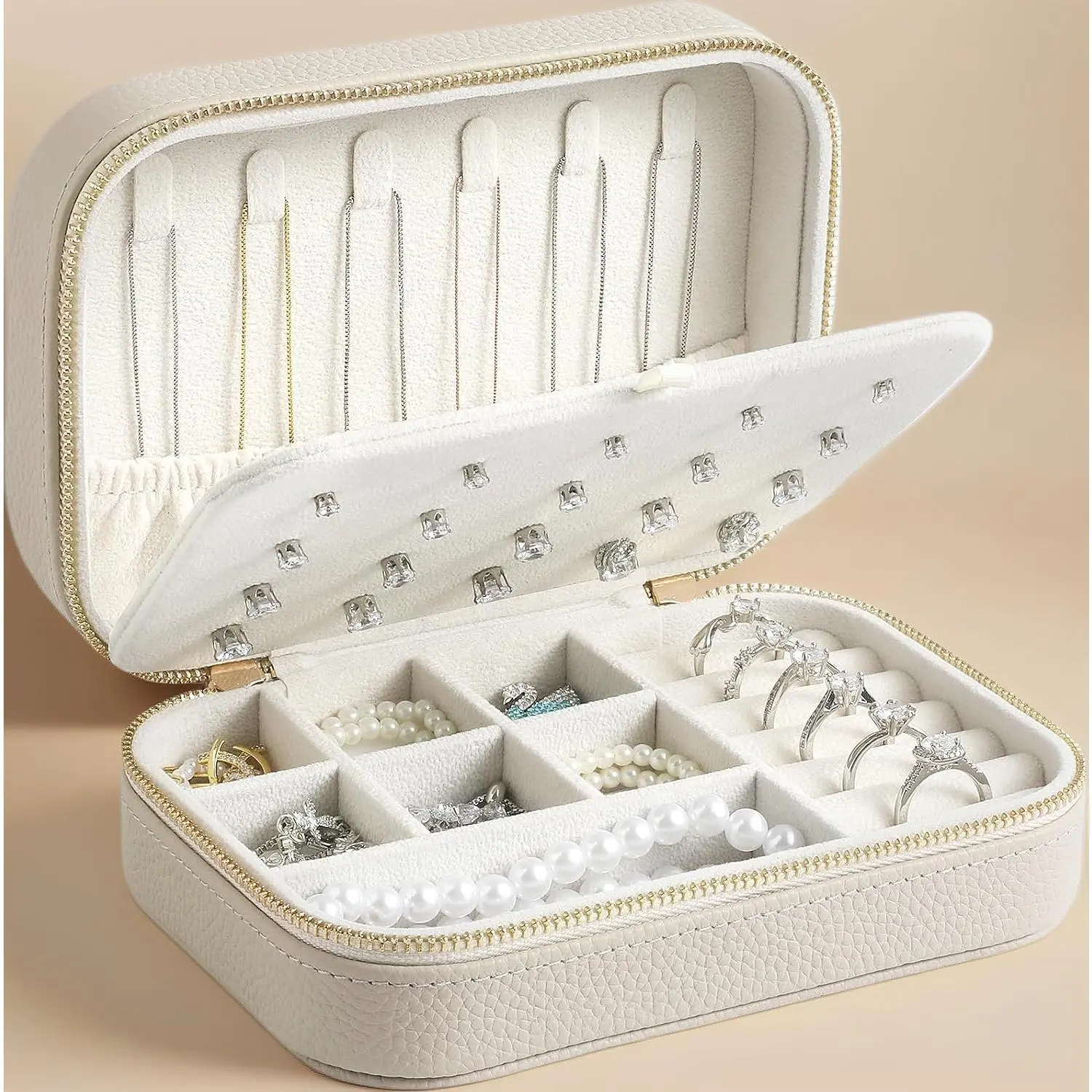 Genuine Leather Travel Jewelry Case for Women, Mini Portable Organizer Box for Rings, Earrings, Necklaces & Bracelets – Luxury Gift Set in White
