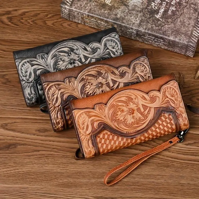 Genuine Leather Long Carry All Wallet - Vintage Embroidered, Durable, Exquisite, Fashionable, Multi-Card Slots, Large Capacity Clutch for Daily Carry & Sports Outdoor Leisure Use