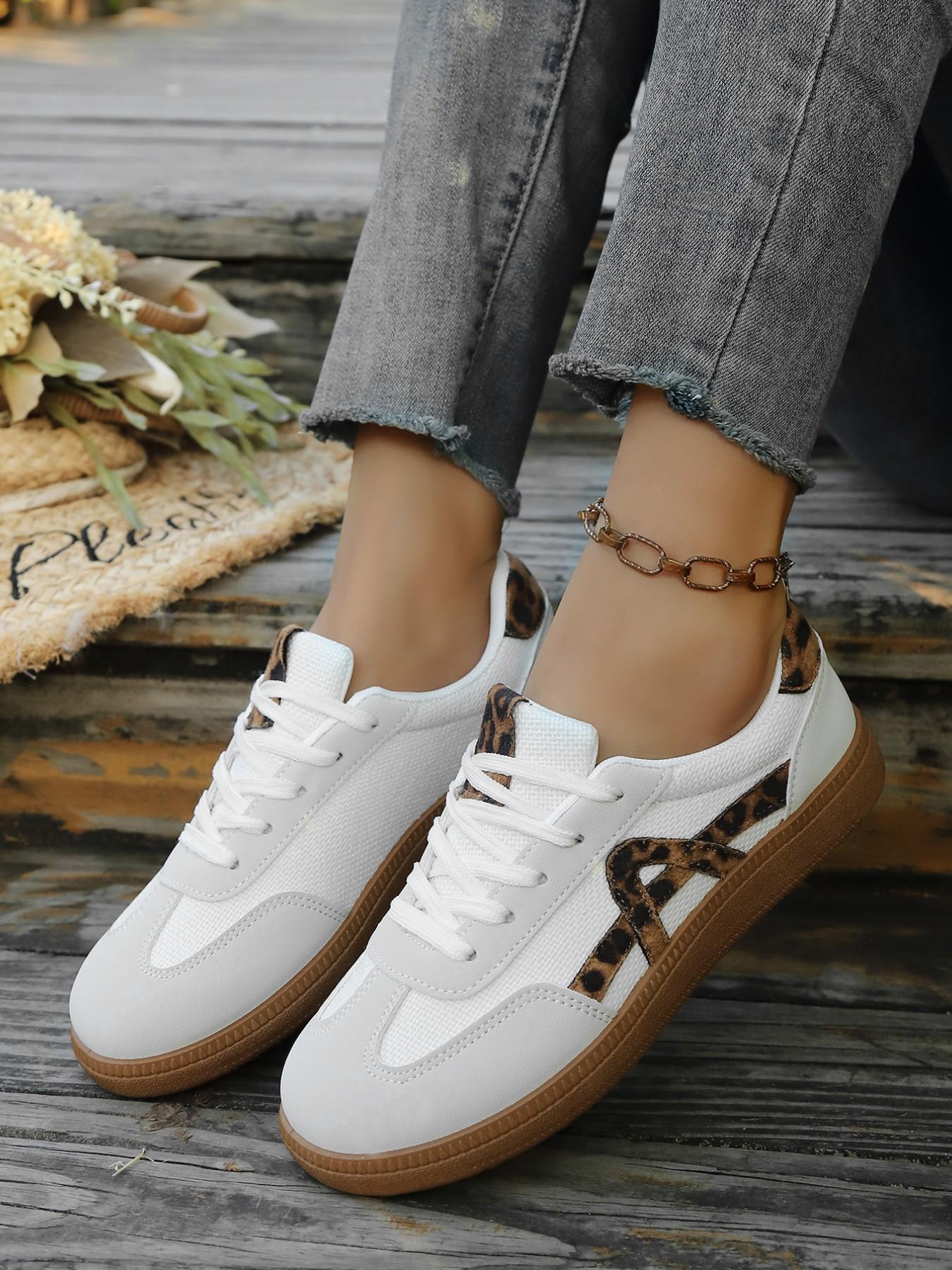 Women's Leopard Patchwork Trainers, Spring & Fall Casual Comfortable Breathable Lightweight Flat Shoes, Retro Style Daily Commute School