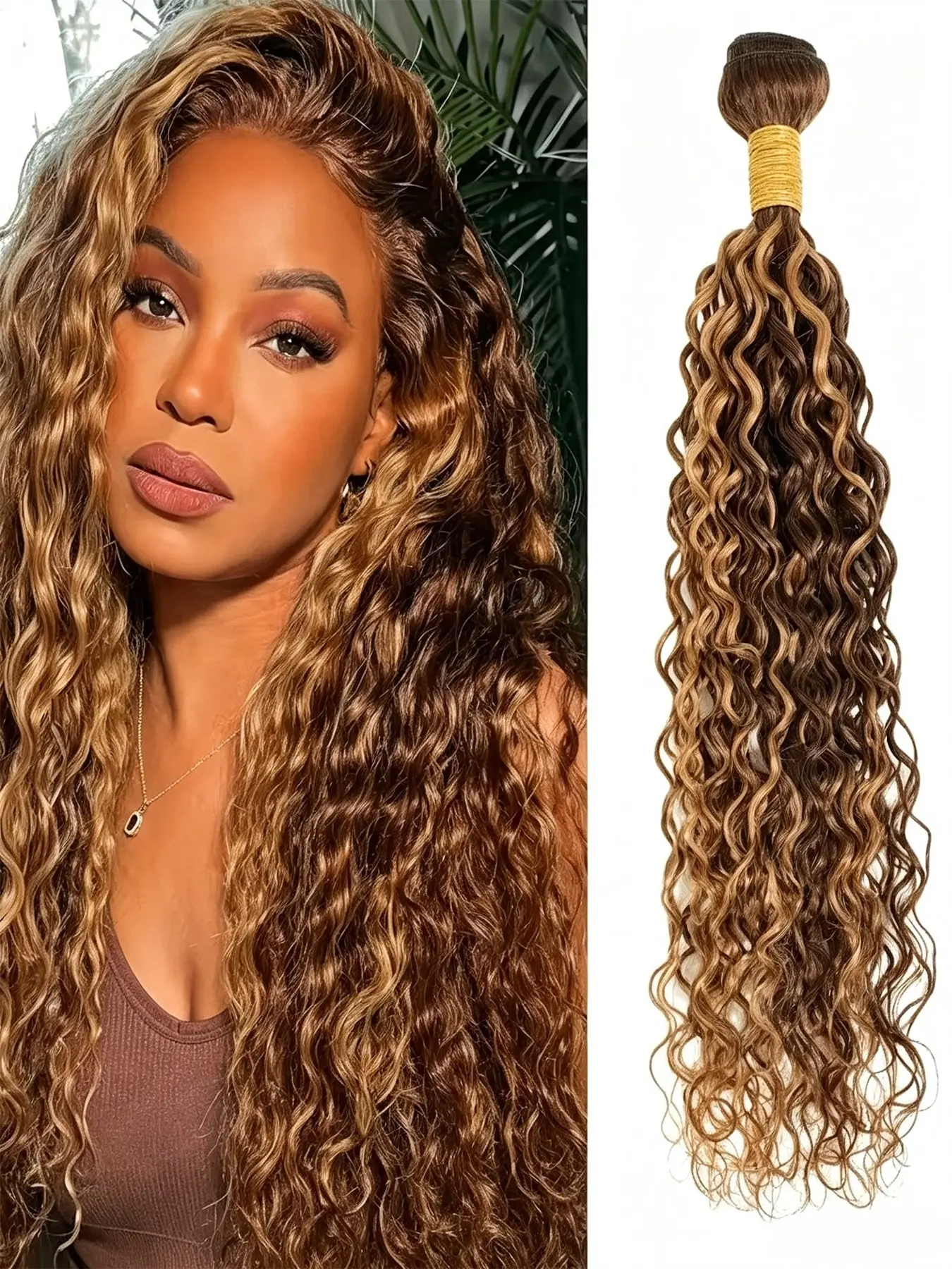 P4/27 Gold Water Wave Hair Bundle, 1 Bundle 90g Unprocessed Brazilian Hair, Water Wave Extensions, Natural Look