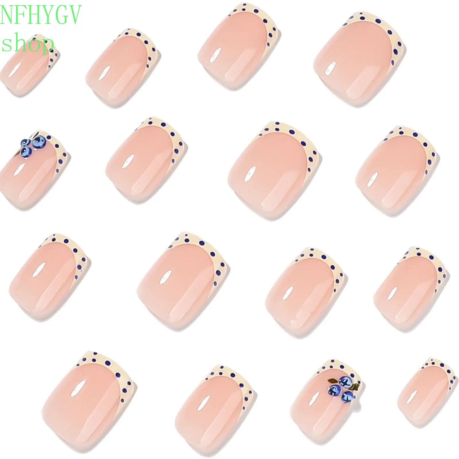 24‑Pcs Glossy Short Square Press‑On Nails, Nude Base With French Polka Dot, 3D Blue Flower And Rhinestone Details, Reusable Glue‑On Artificial Nails for Women’s Daily Wear And Back‑To‑School Styling