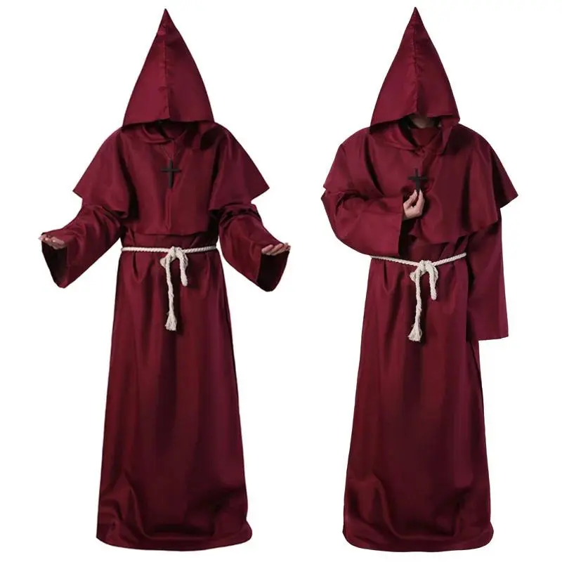 Halloween Medieval Monk Robe Cosplay Costume Black Wizard Priest Cloak Hooded Cape and Robe with Cross Necklace Accessories Suit