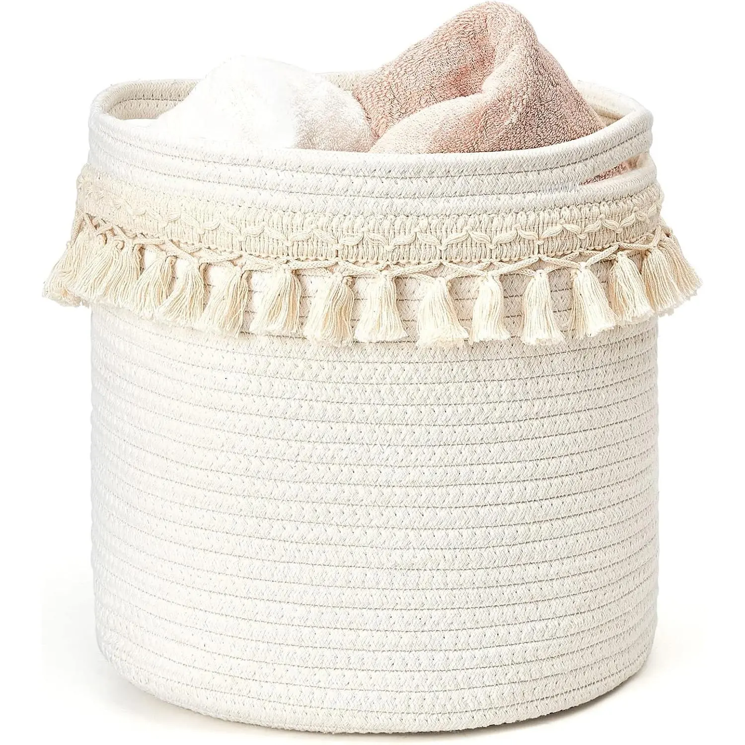 Macrame Cotton Rope Basket, Small Boho Nursery Decor, 11"x11", Ivory