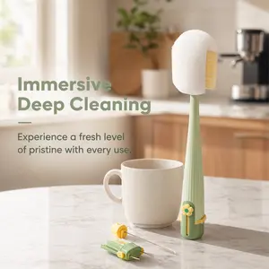 5-in-1 Multifunctional Bottle Scrubber Set – Straw Brush Included, Cleans Bottles, Cups, Straws & More (Cream White/Jasmine Green)