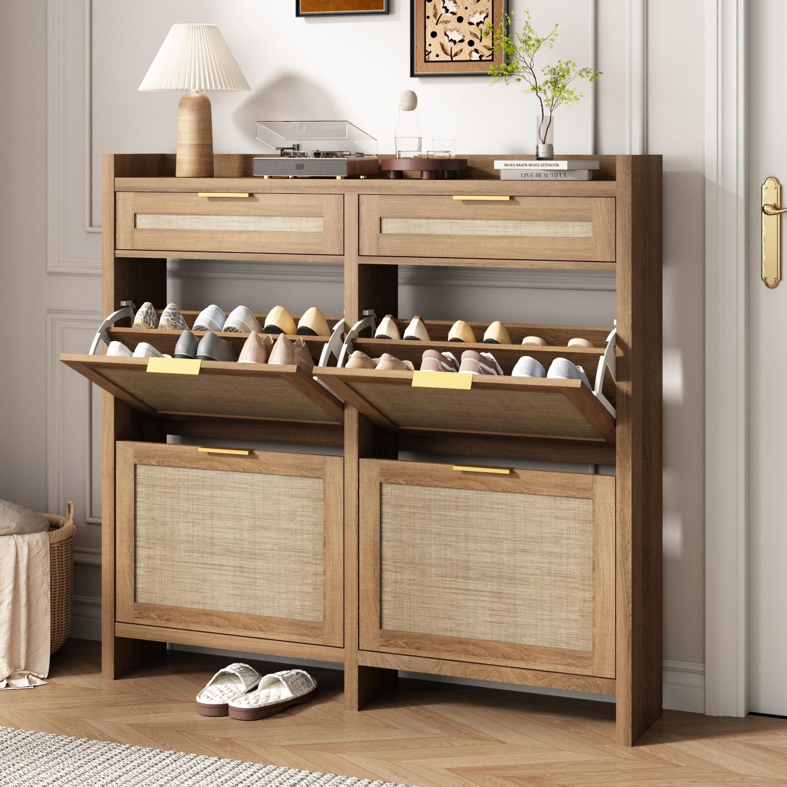 PieDle Furniture Boho-Chic Rattan Shoe Storage with Drawers for Home Entries