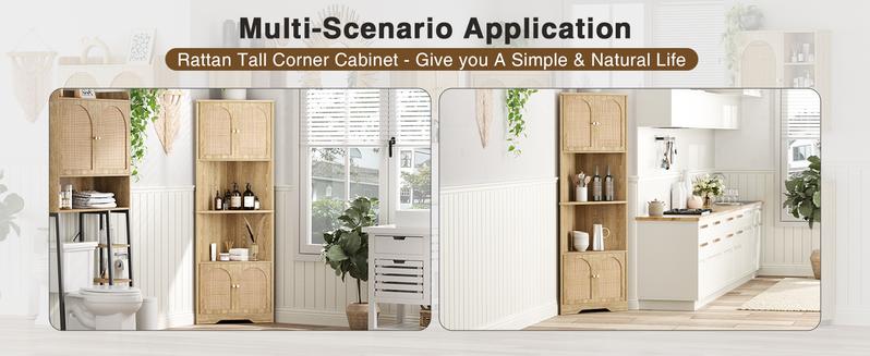 Vabches 67'' Tall Corner Cabinet with Handmade Rattan Doors, Rattan Storage Cabinet with Adjustable Shelves, Corner Bookshelf Space Saver for Barthroom, Living Room, Kitchen, Natural