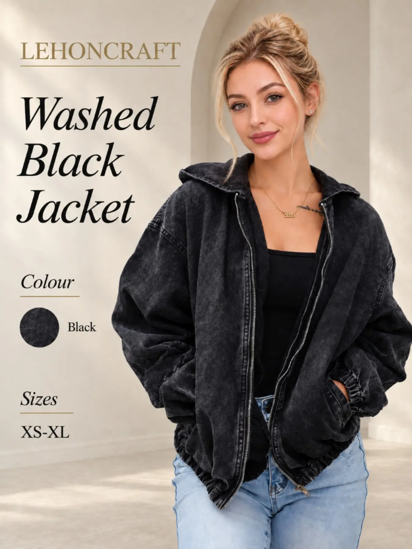 Women's Oversized Hooded Denim Jacket Casual Y2K Black Washed Zip Up Long Sleeve Outerwear Minimalist Comfortable Loose Fit Elastic Cuffs Hem Side Pockets for Women Daily Wear Streetwear Travel All Season
