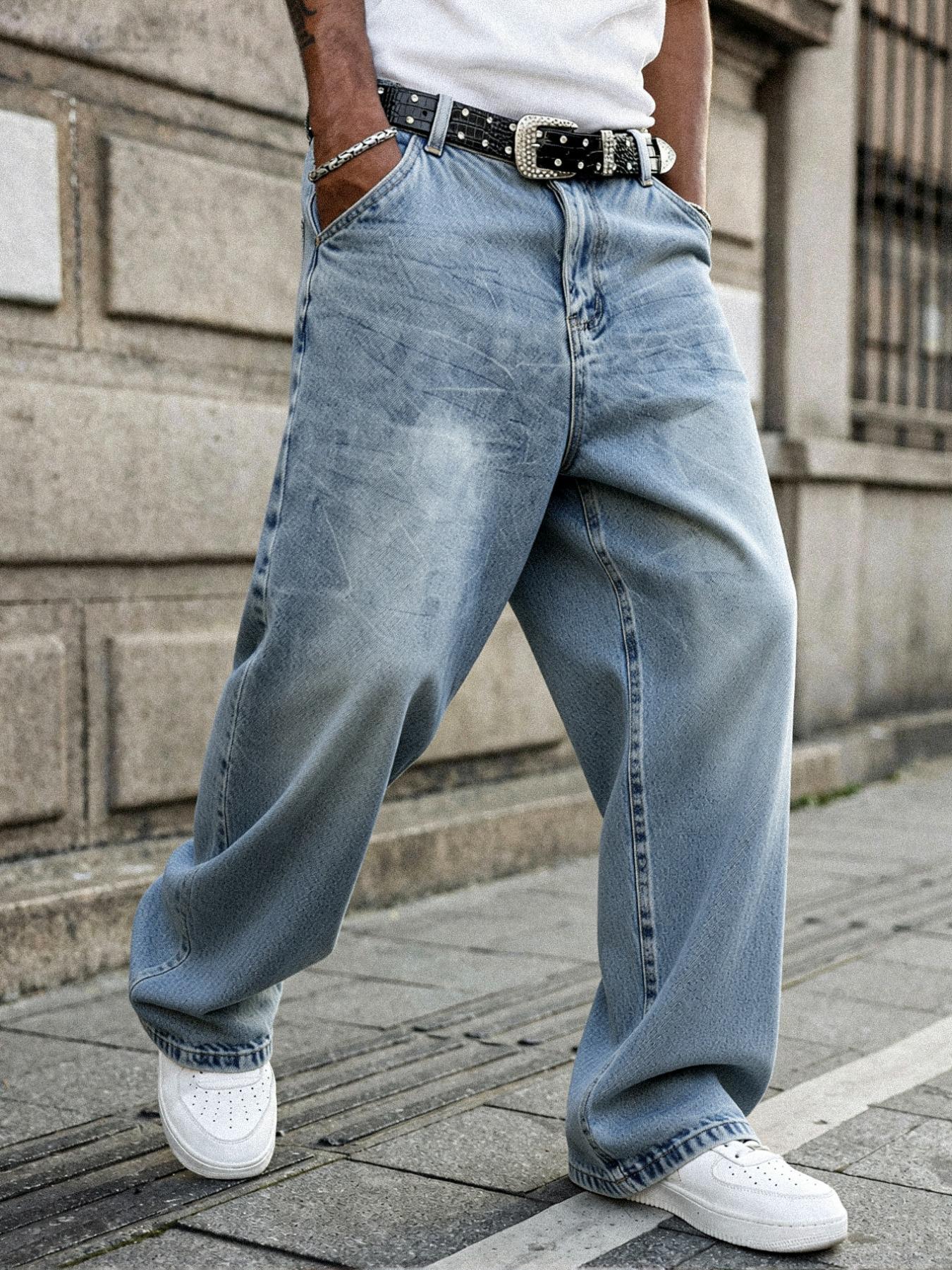Men's Retro Light Blue Cracked Stone Wash Loose Wide-Leg Straight