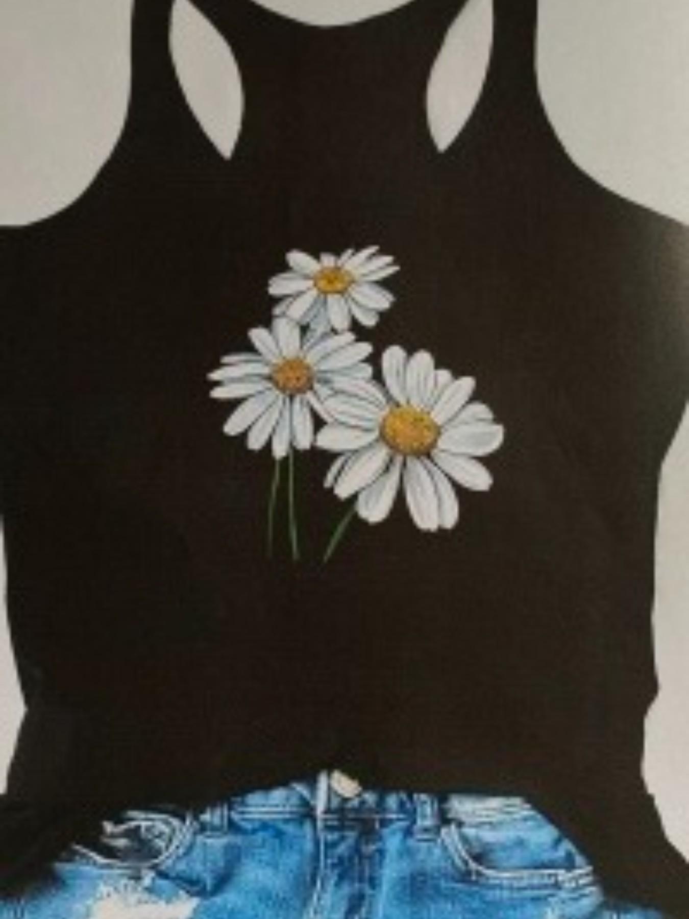 Women's Daisy Print Round Neck Sleeveless Top, Casual Fitted Tank Top, Letter Pattern, No Button, Non-Full Placket, Without Zipper