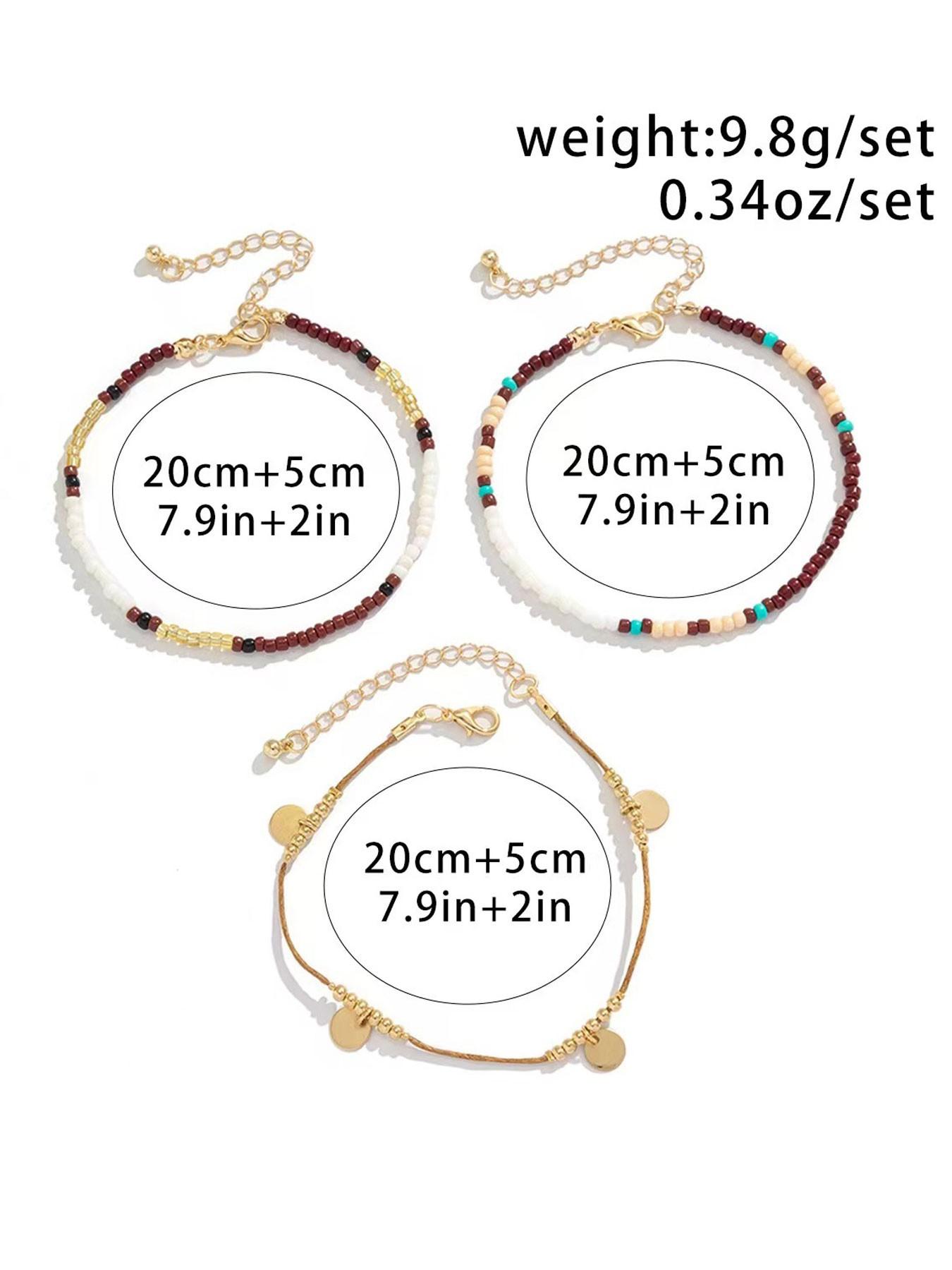 Bohemian Beaded Anklet Set (3 Pieces), Layered Anklet, Adjustable Multi-Layer Chain Ankle Bracelets for Women and Girls, Fashion Body Jewelry for Beach Party Vacation