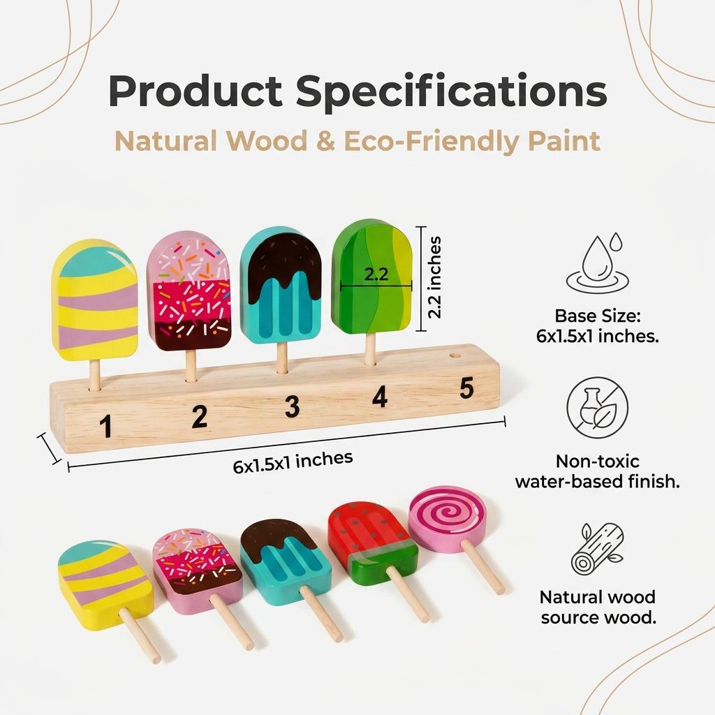 Wooden Number Matching Toy Set for Kids, Ice Cream Shape Early Education Blocks, Cognitive Game Kit, Christmas & Day Gift