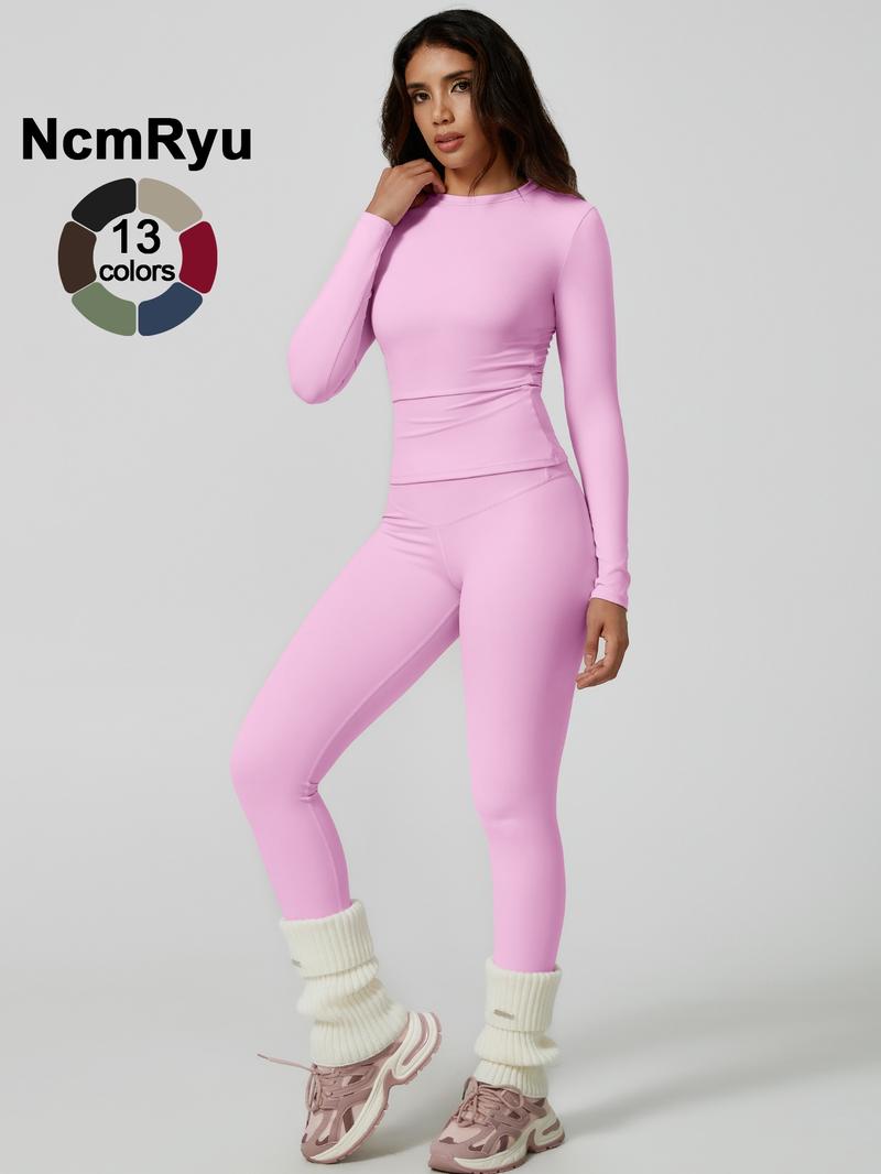 Two-Piece Set Women's Patchwork High Elastic Soft Round Neck Flat Shoulder Long Sleeve Slim Fit Beautiful Hip Tight Pants Yoga Clothes suit Four Seasons Outdoor Running Cycling Hiking Walking Shopping Fashion suit Gym Sweatsuit Set