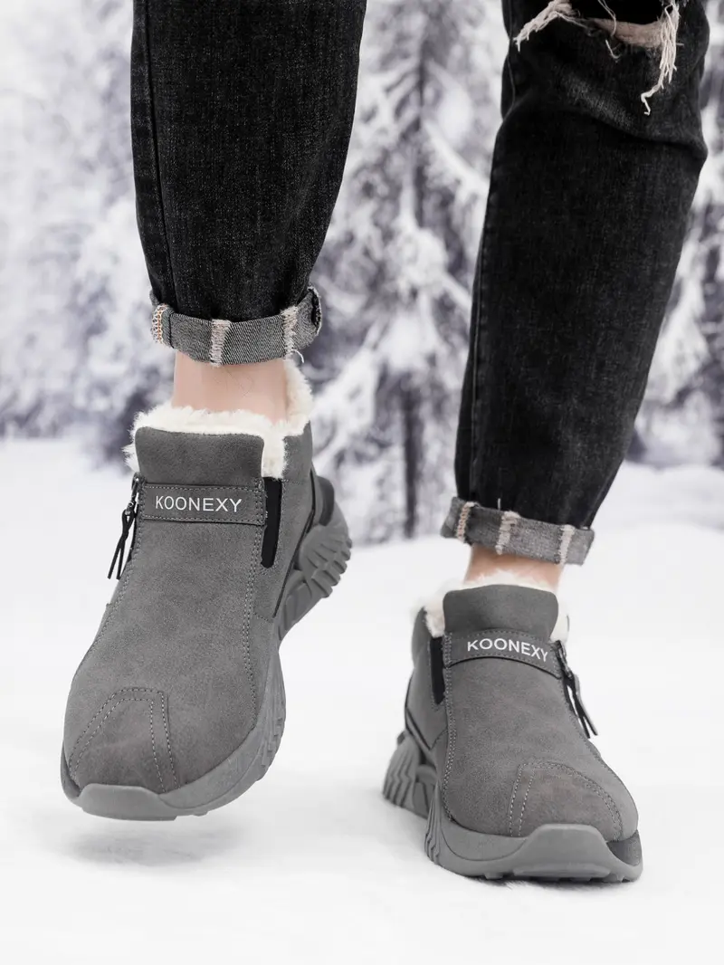Unisex Winter Snow Casual Ankle Boots, Suede-Look Upper, Side Zip, Fleece-Lined Warm, Thick PVC Sole