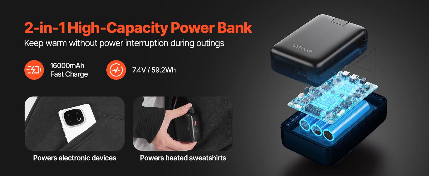 VEVOR Heated Jacket Hoodie for Men Women, Heated Sweatshirt Unisex Full-Zip with 7.4V 16000mAh Power Bank Pack, 5 Heating Zones, 3 Temp Levels, 4-8H Warmth, for Winter Outdoor Camping, Black, XL Size