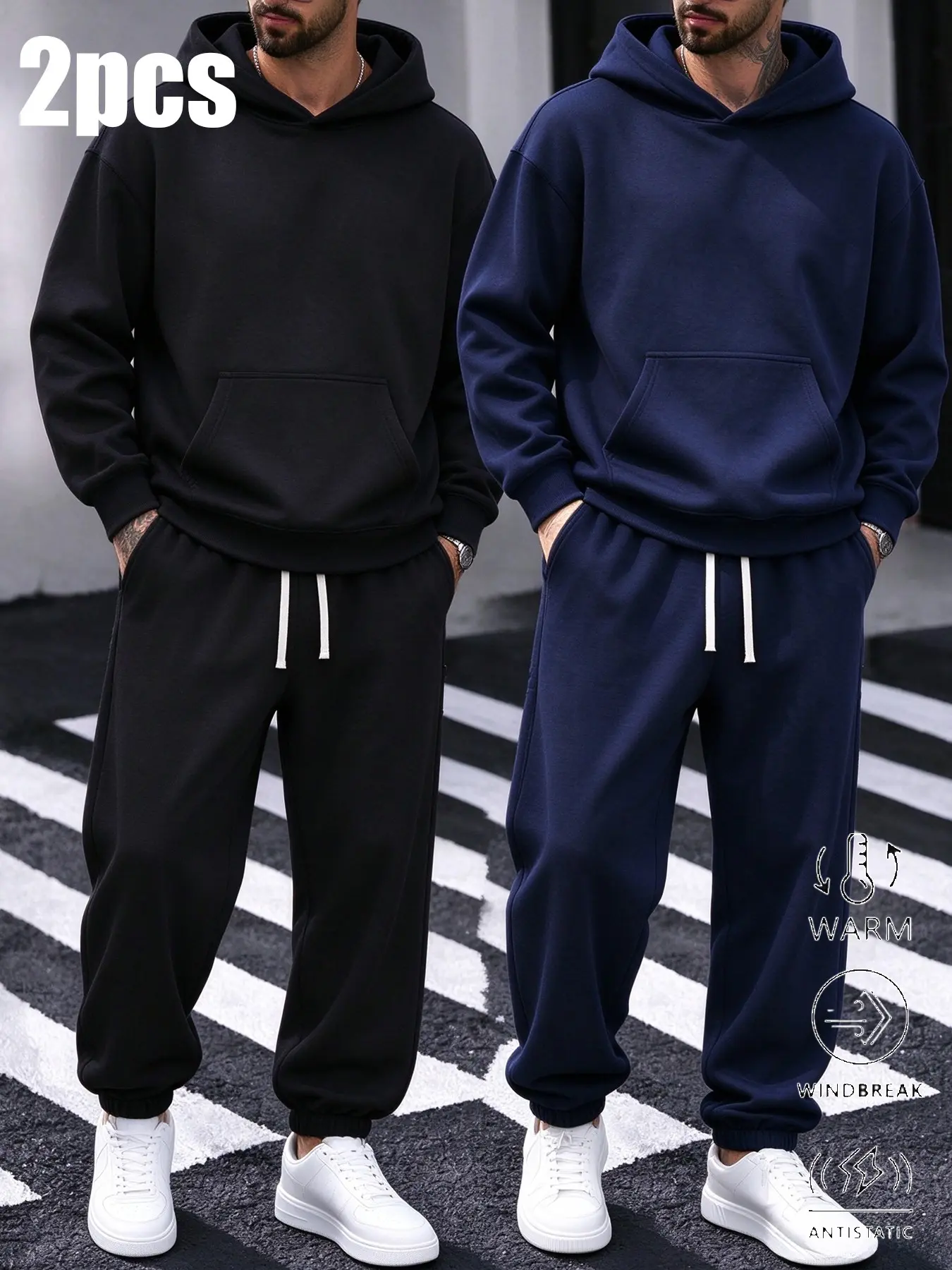 Men's Hoodie Set Winter Fleece Thick Plain Casual Two-Piece Set, Loose-Fit Drawstring Pants, Kangaroo Pocket, Comfortable & Stylish, Sweatsuit Set