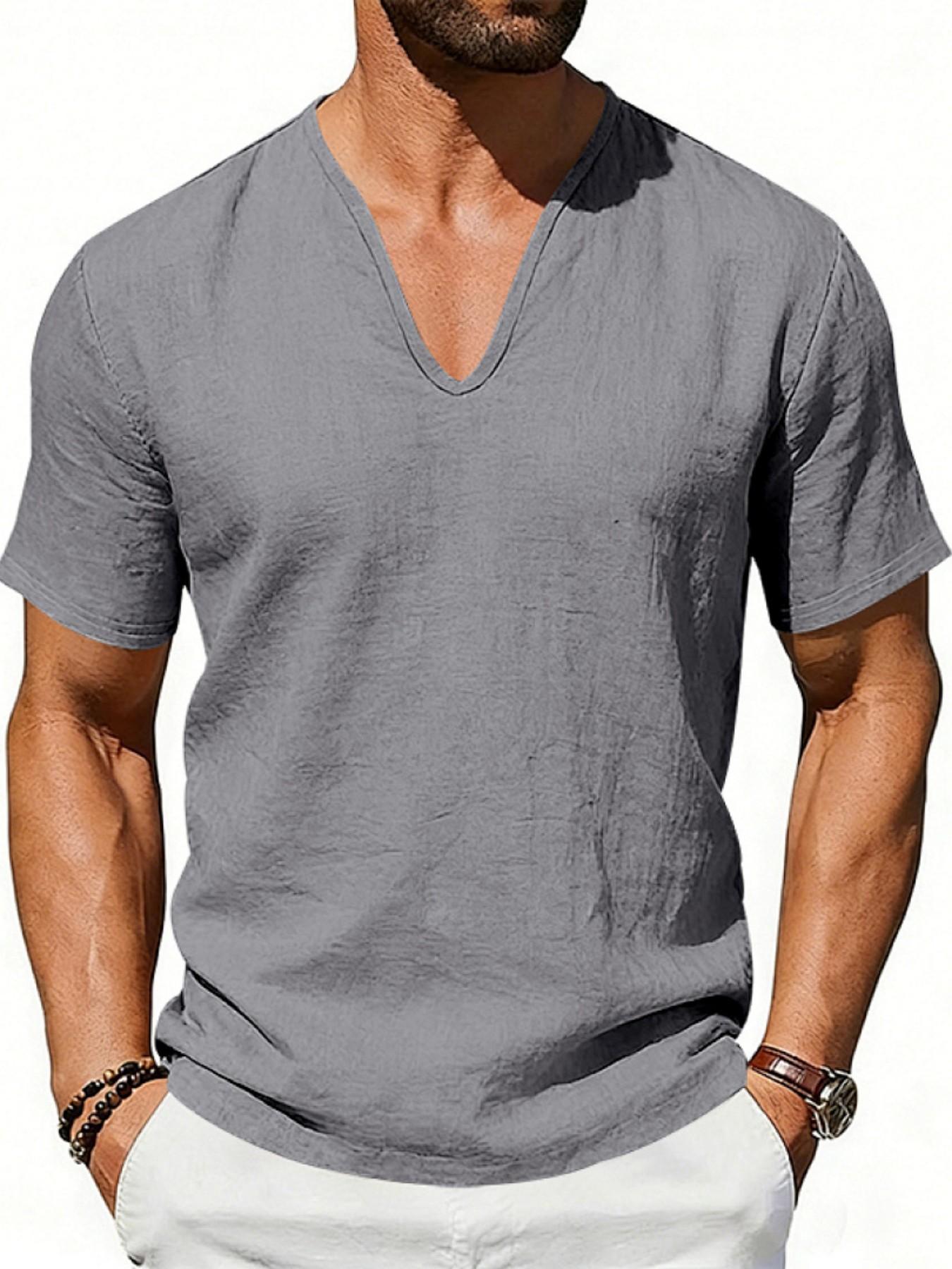 Men's Summer Loose Fit Linen T-Shirt, Breathable Deep V Design, Casual Short Sleeve Top, American Style, Cross-Border Fashion