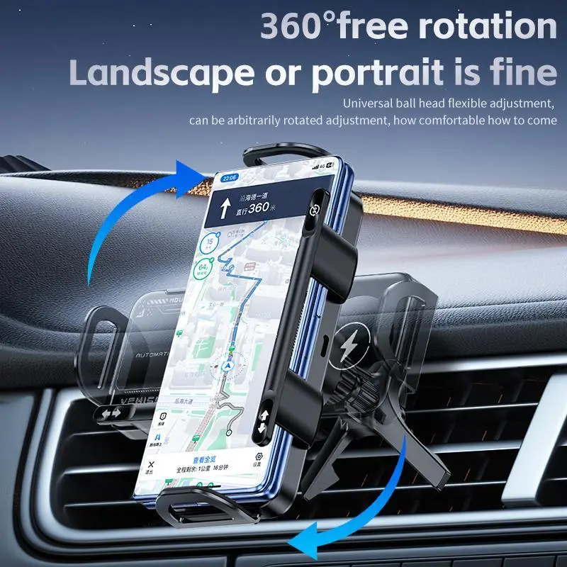 Wireless Charging Phone Holder Car Mount for Folding Screen Universal Smartphone 90° Rotating 15W Output Super Stable Air Vent with Hook Clip One Button Release for iPhone Samsung Google