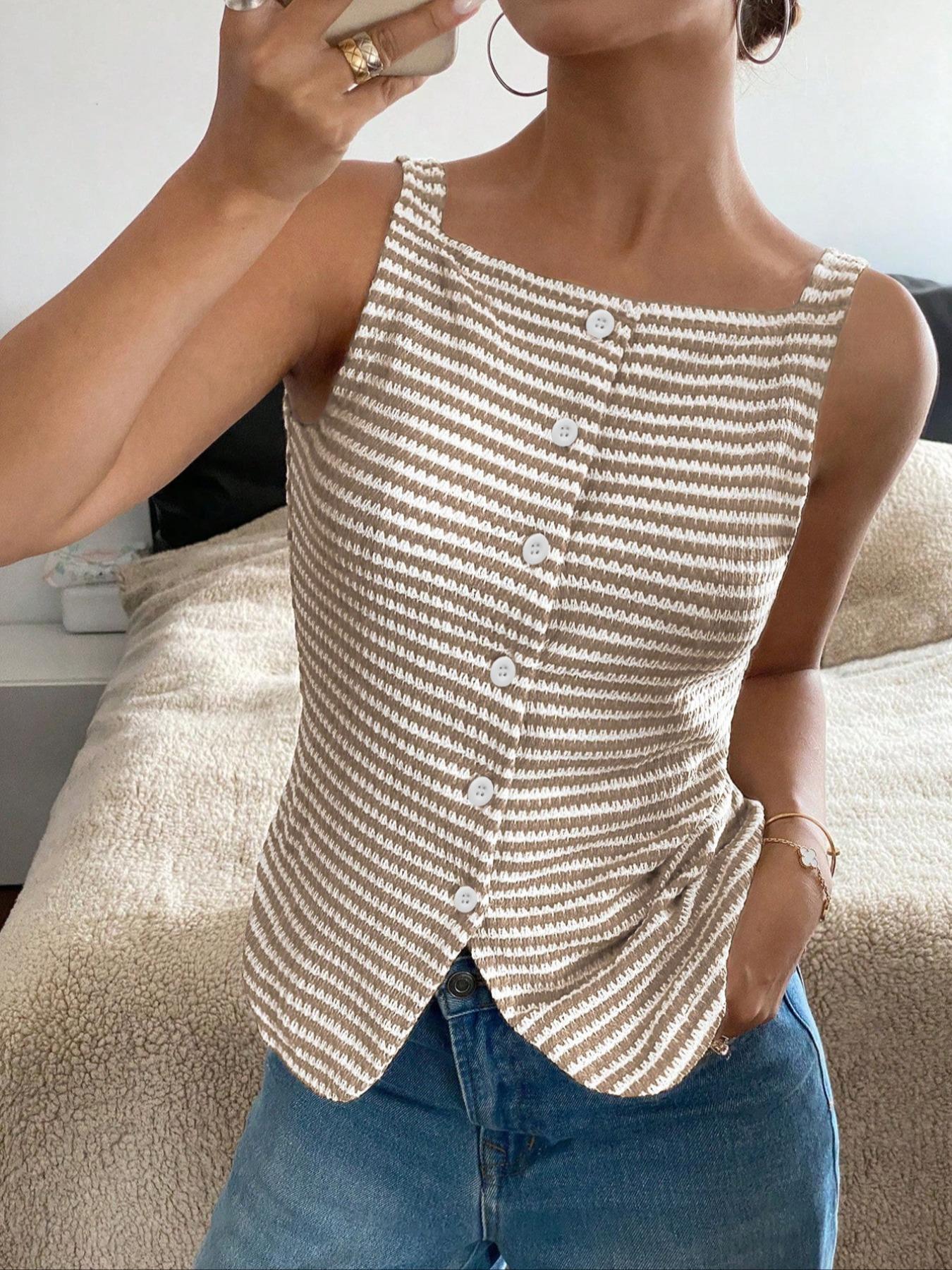 Women's Button Stripe Vest Jacket, Elegant Casual Fitted Sleeveless Top for Daily Wear, Ladies Clothes for Summer