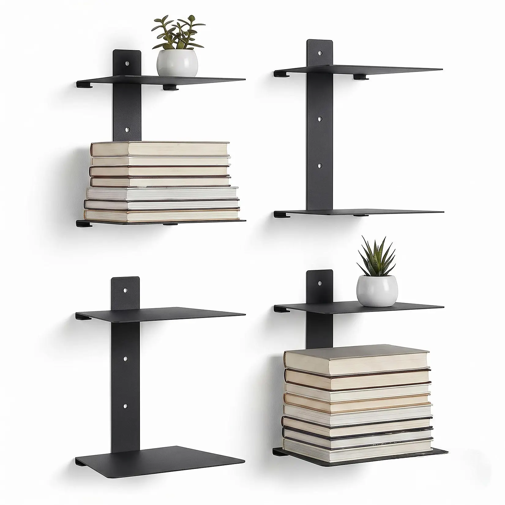 4-Pack Invisible Floating Bookshelves, Heavy-Duty Steel Hidden Wall Racks, Minimalist Space-Saving Storage Shelves with Black Metal Finish for Home Decor