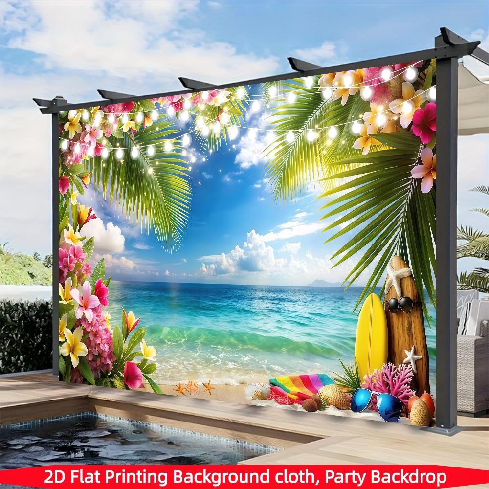 Summer Hawaiian Beach Background Banner, Sky, Ocean Tropical Flowers Palm Leaves, Surfboard Photography Background, Suitable for Hawaiian Party Decoration Banner, Living Room, Bedroom, Office and Outdoor Decoration, Party, Seasonal Decoration