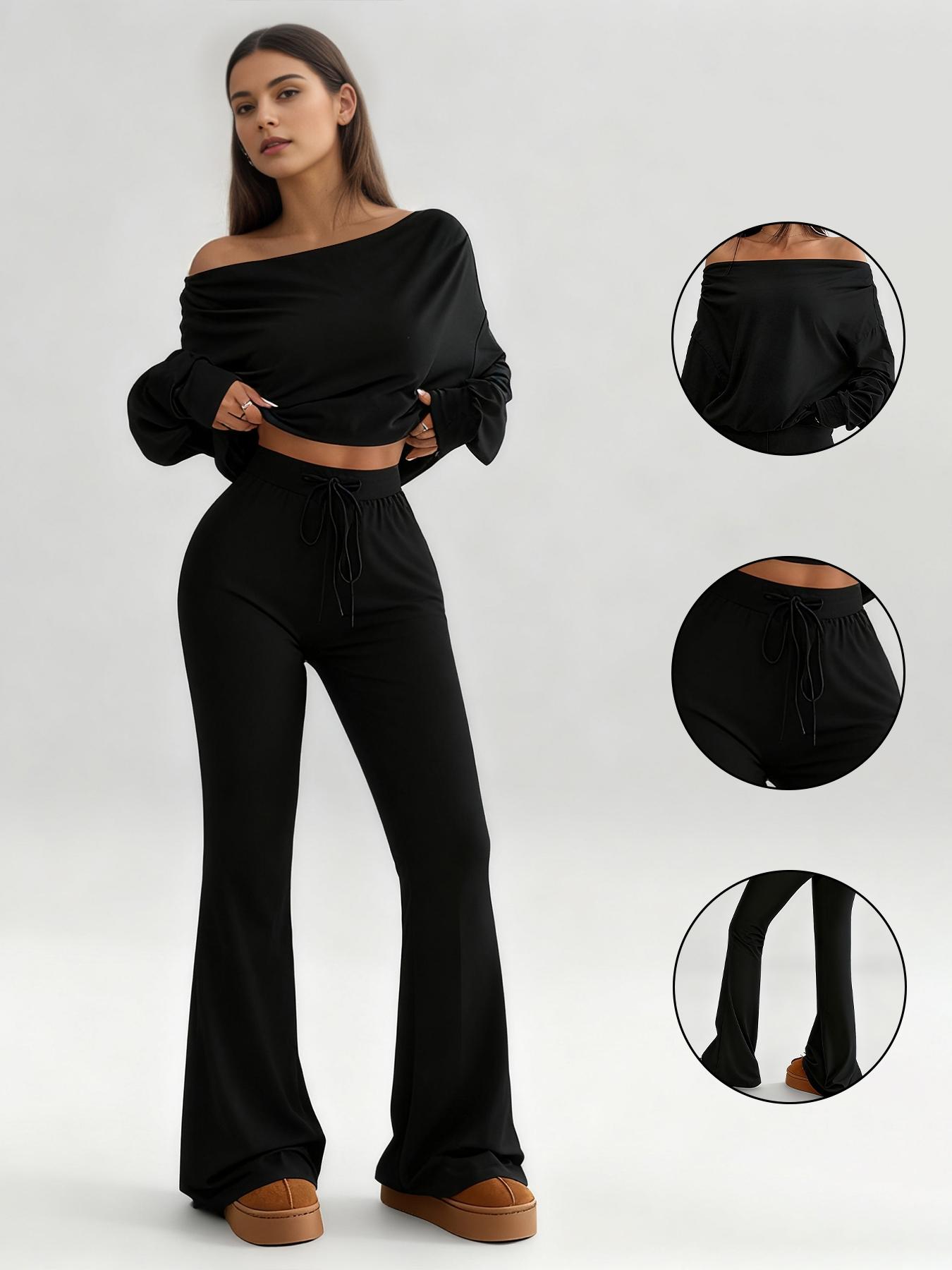 One Shoulder Long Sleeve Loose Crop Top and High Waisted Drawstring Skinny Vintage Bell Bottoms, Yoga Fitness Workout Gym Clothing, Fall & Winter