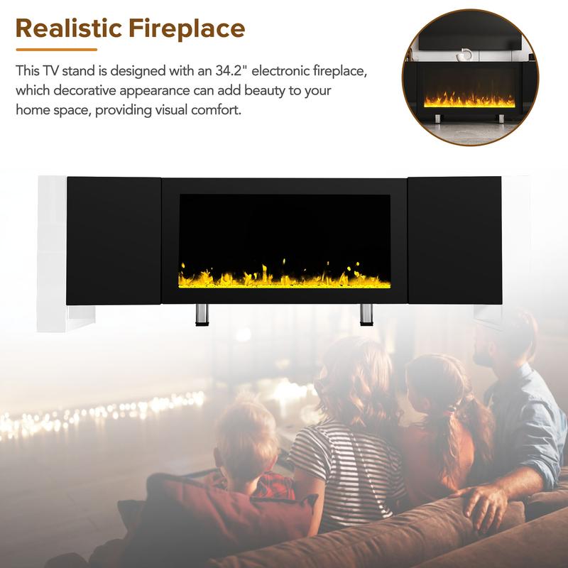 Modern TV Stand with 34.2" Non-Heating Electric Fireplace, High Gloss Entertainment Center with 2 Cabinets, Media Console for TVs up to 78" (Black) Modern TV Stand with 34.2" Non-Heating Electric Fireplace, High Gloss Entertainment Center with 2 Cabinets, Media Console for TVs up to 78" (Black)