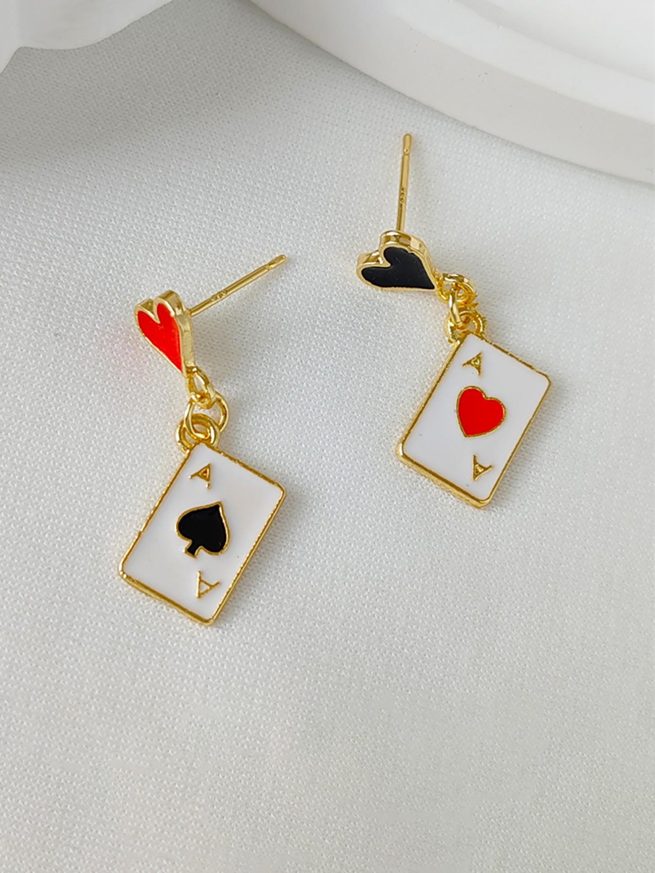Heart Poker Card Pendant Earrings, Asymmetric Poker Card Drop Earrings, Unique Women's Party Jewelry, Fashionable Ear Studs