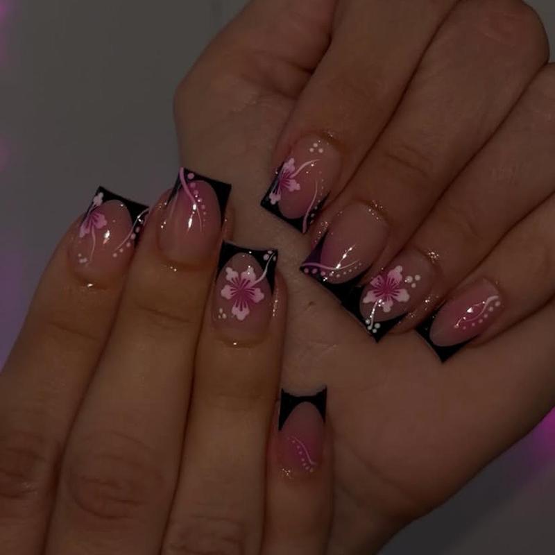 24 pieces short square black French blush flower press on nails press on nail art decals fake nails Flower Design Nails French Tips Nails