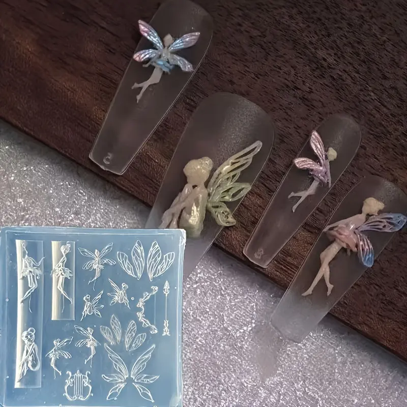 2pcs Flower Fairy Nail Art Mold, 3D Fairy and Butterfly Wing with Bow and Arrow Design, Intricate Nail Art Pattern and Jewelry Making Mold, Reusable Nail Stamping Template