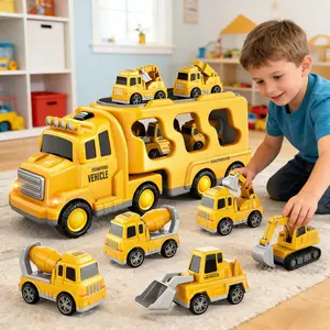 Construction Vehicle Toy with Lights & Music, Transport Truck, Pull-Back Fire Truck, Container Car – Kids Toy Set，5-in-1 Construction Vehicle Toy，Openable Doors & Cab Door，Perfect for Boys Aged 3+，Great Birthday Present