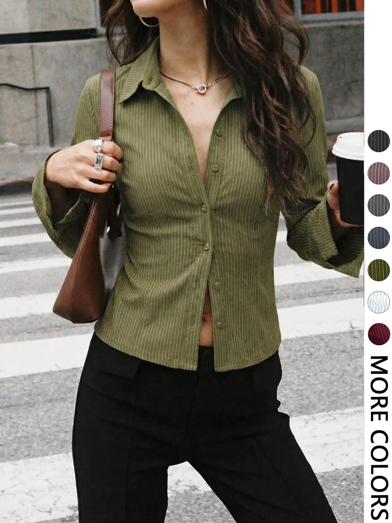 Women's All-Over Striped Print Button Front Blouse, Casual Long Sleeve Top for Spring & Fall, Ladies Clothes for Daily Wear, Casual Fashion Shirt