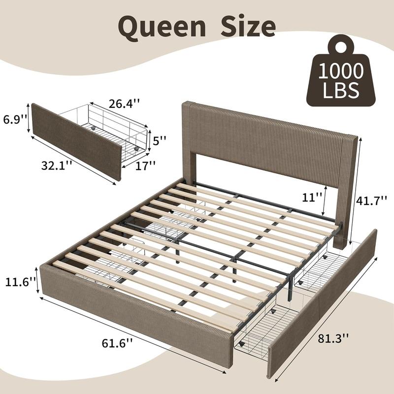 Corduroy Bed Frame with Headboard, Platform Upholstered Full Size Bed Frame with 4 Storage Drawers and Wooden Slats Support, No Box Spring Needed