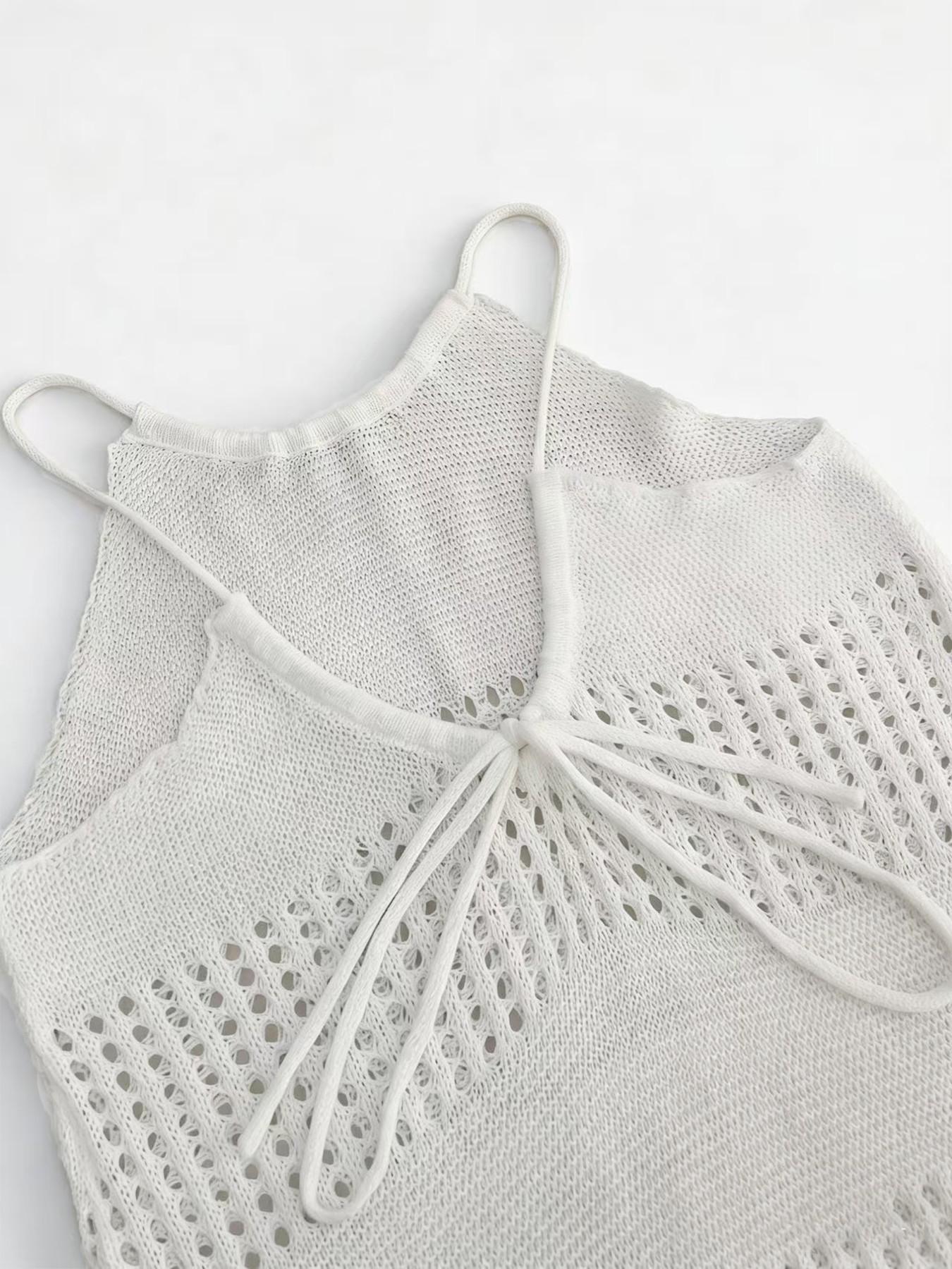 Women's Hollow Backless Vest Top, Lace-Up Design, Casual Knitted Long Dress Sweater, Pure Color, Spring, Fashionable and Comfortable