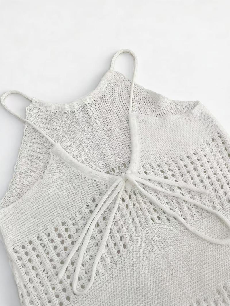 Women's Hollow Backless Vest Top, Lace-Up Design, Casual Knitted Long Dress Sweater, Pure Color, Fashionable and Comfortable