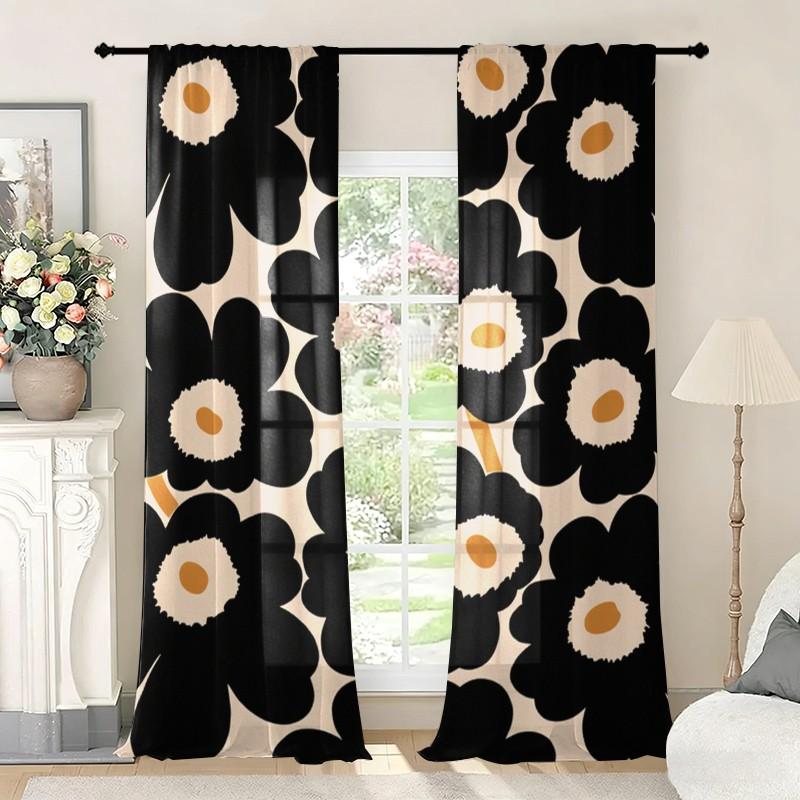 2-piece Spring & Summer Flower Cartoon Print Rod Pocket Curtains, Modern Knit Polyester Curtains, Suitable for Bedroom, Kitchen, Office, Living Room - Machine Washable, Versatile Room Decor, Living Room Curtains