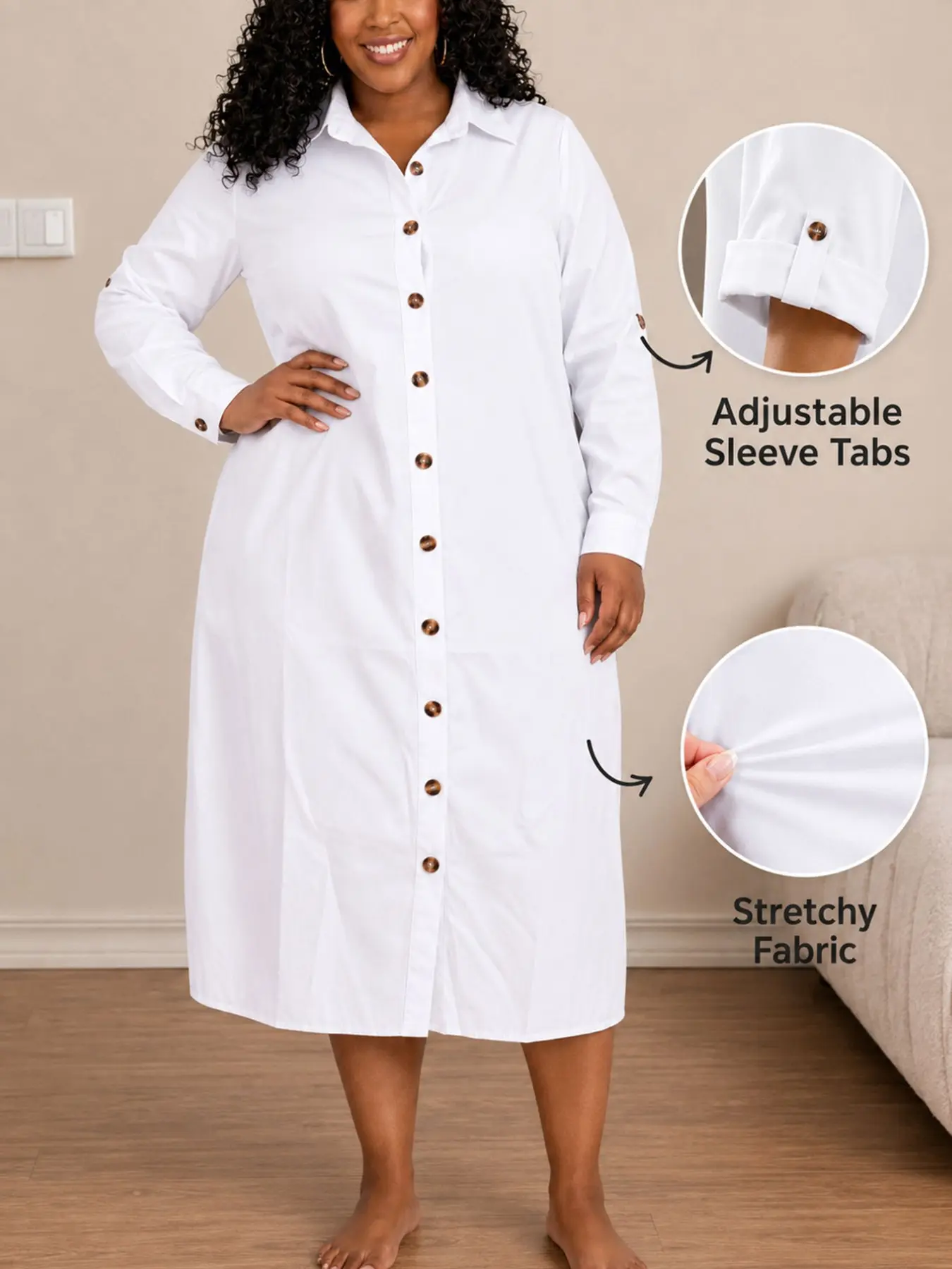 Plus Size White Collared Long Sleeve Button Bodycon Shirt Dress – Summer Basic Casual Womenswear, Comfortable and Slim Fit, Essential for Everyday Wear